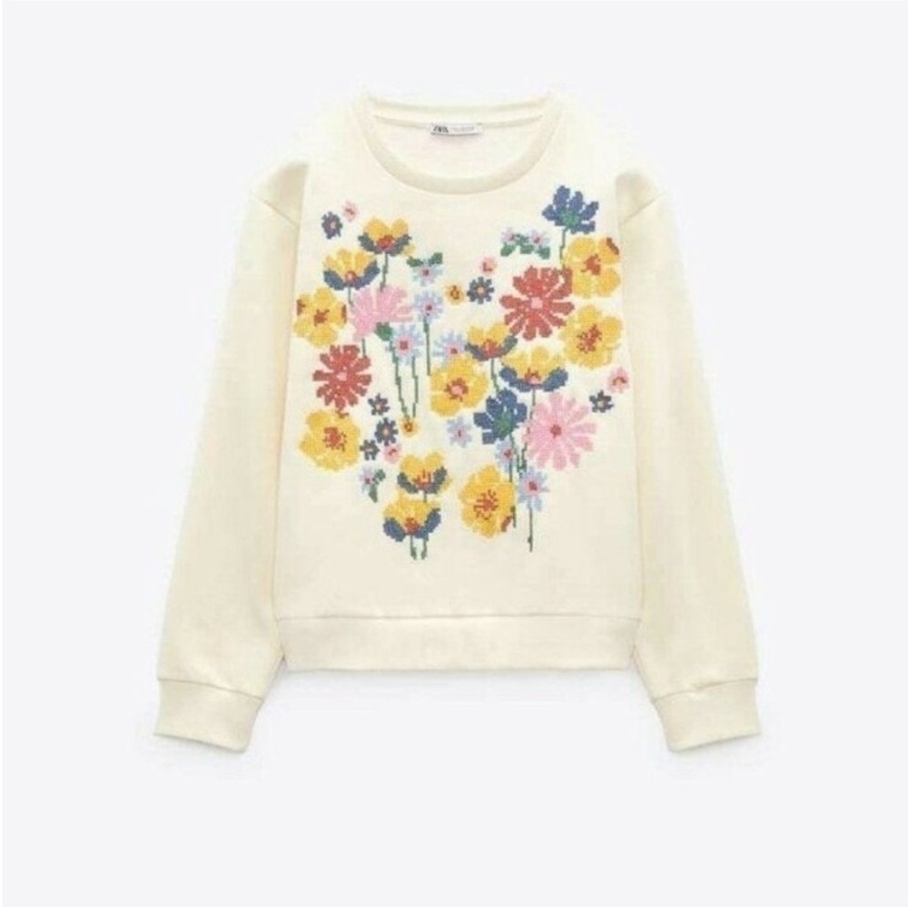 Zara Floral Cream Embroidered Sweatshirt Medium Women’s